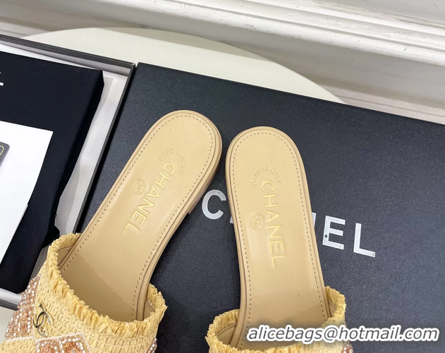 Good Quality Chanel CC Beige Woven Raffia Flat Slides Sandals Shoes 6051304