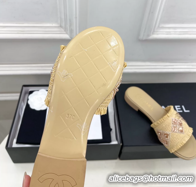 Good Quality Chanel CC Beige Woven Raffia Flat Slides Sandals Shoes 6051304