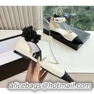 Good Looking Chanel Camellia Flower White Leather Dorsay Pearls Flat Shoes 6051305