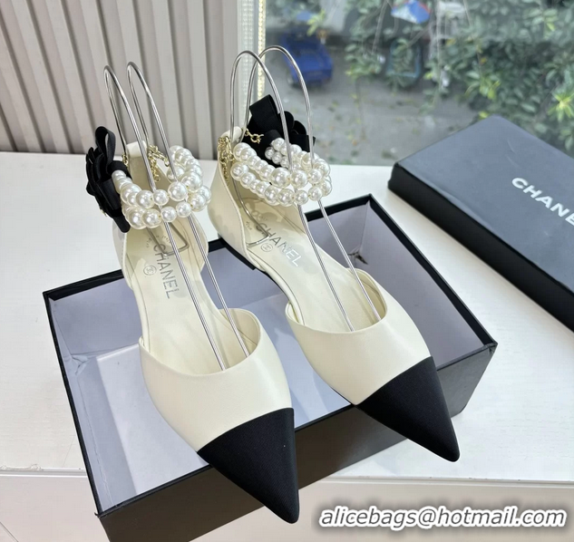 Good Looking Chanel Camellia Flower White Leather Dorsay Pearls Flat Shoes 6051305