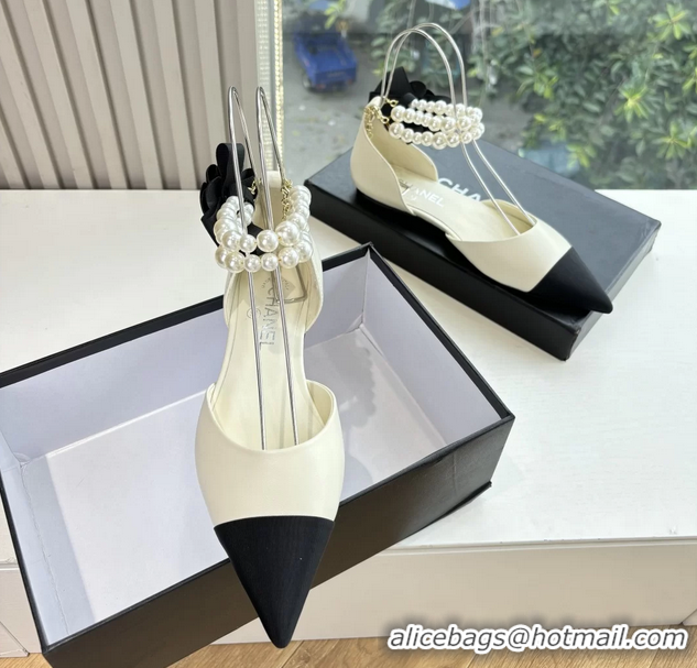 Good Looking Chanel Camellia Flower White Leather Dorsay Pearls Flat Shoes 6051305