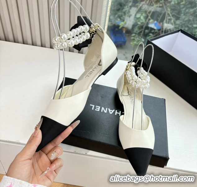 Good Looking Chanel Camellia Flower White Leather Dorsay Pearls Flat Shoes 6051305