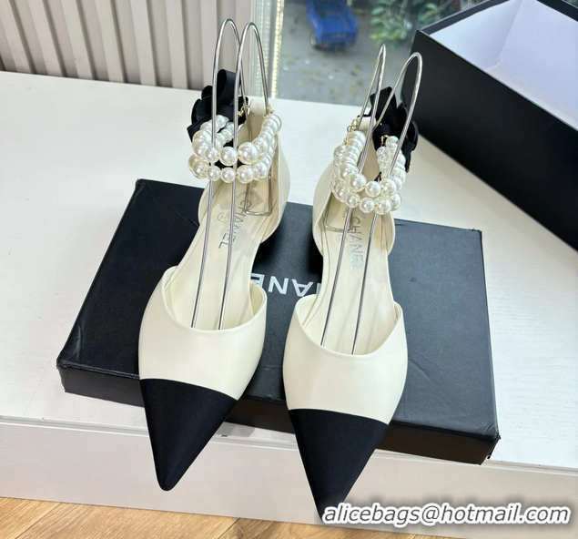 Good Looking Chanel Camellia Flower White Leather Dorsay Pearls Flat Shoes 6051305