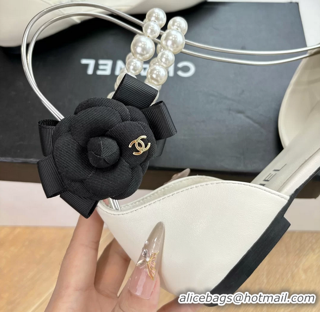 Good Looking Chanel Camellia Flower White Leather Dorsay Pearls Flat Shoes 6051305
