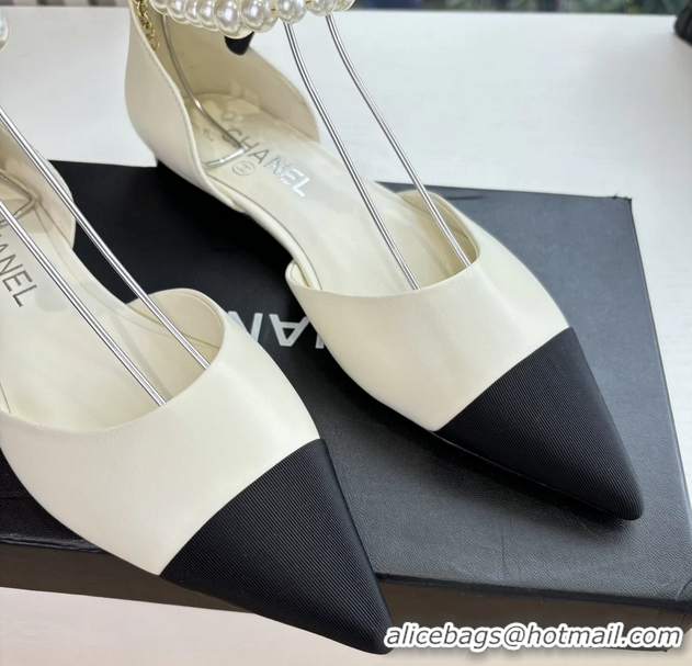 Good Looking Chanel Camellia Flower White Leather Dorsay Pearls Flat Shoes 6051305