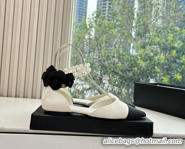 Good Looking Chanel Camellia Flower White Leather Dorsay Pearls Flat Shoes 6051305