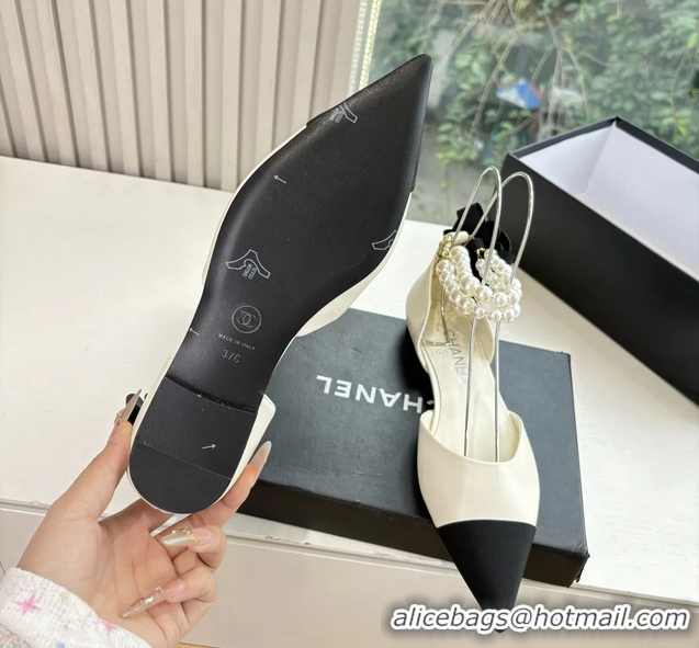Good Looking Chanel Camellia Flower White Leather Dorsay Pearls Flat Shoes 6051305