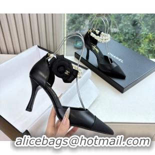 Unique Style Chanel Camellia Flower Black Leather Dorsay Pearls High Heeled Pumps Shoes 80MM 6051306