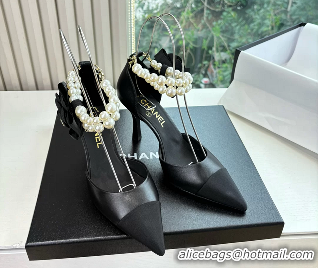 Unique Style Chanel Camellia Flower Black Leather Dorsay Pearls High Heeled Pumps Shoes 80MM 6051306