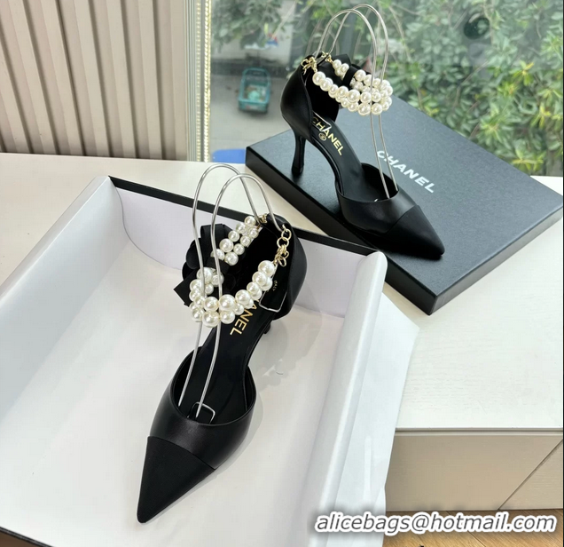 Unique Style Chanel Camellia Flower Black Leather Dorsay Pearls High Heeled Pumps Shoes 80MM 6051306