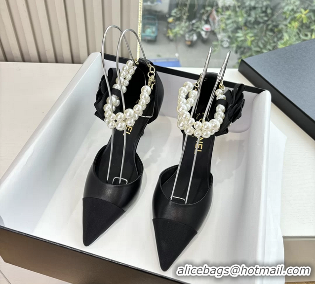 Unique Style Chanel Camellia Flower Black Leather Dorsay Pearls High Heeled Pumps Shoes 80MM 6051306