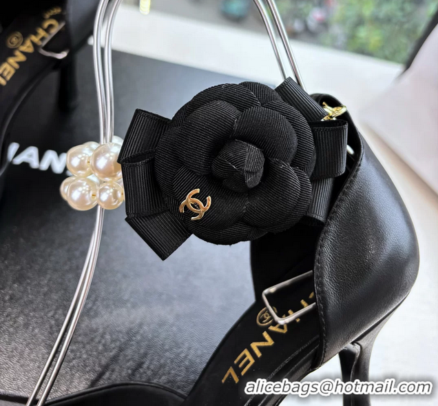 Unique Style Chanel Camellia Flower Black Leather Dorsay Pearls High Heeled Pumps Shoes 80MM 6051306