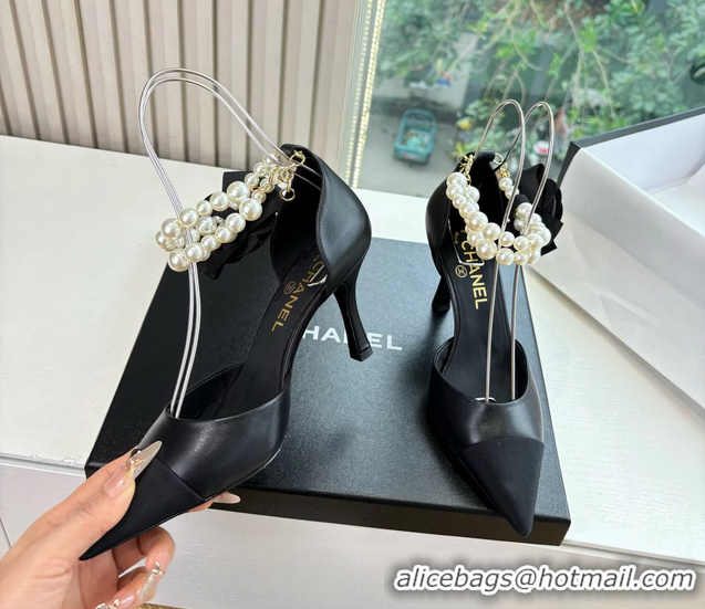 Unique Style Chanel Camellia Flower Black Leather Dorsay Pearls High Heeled Pumps Shoes 80MM 6051306