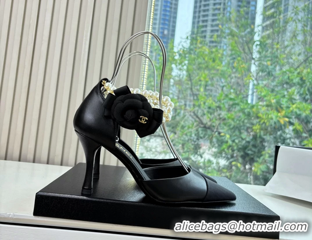 Unique Style Chanel Camellia Flower Black Leather Dorsay Pearls High Heeled Pumps Shoes 80MM 6051306