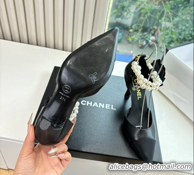 Unique Style Chanel Camellia Flower Black Leather Dorsay Pearls High Heeled Pumps Shoes 80MM 6051306