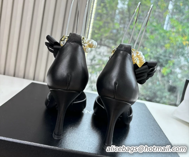 Unique Style Chanel Camellia Flower Black Leather Dorsay Pearls High Heeled Pumps Shoes 80MM 6051306