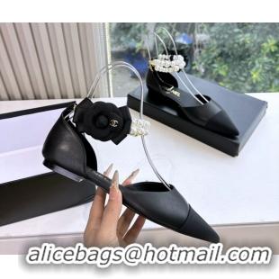 Best Product Chanel Camellia Flower Black Leather Dorsay Pearls Flat Shoes 6051307