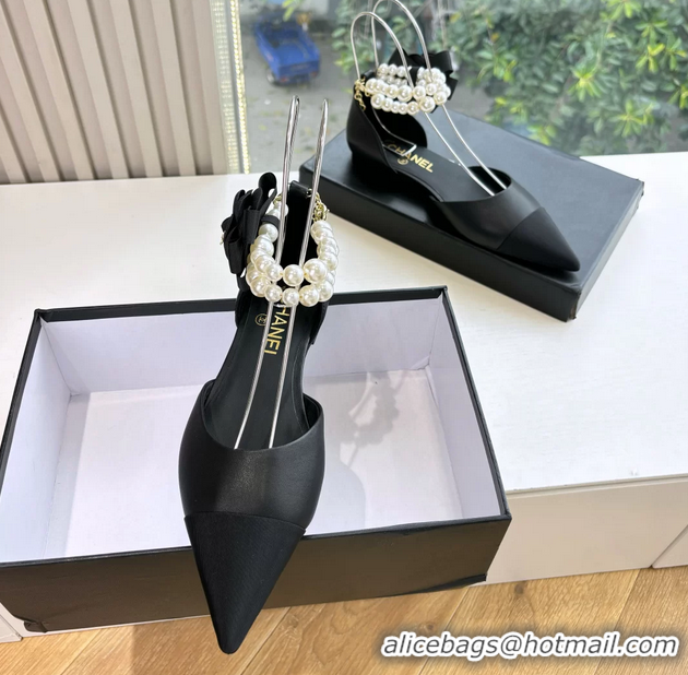Best Product Chanel Camellia Flower Black Leather Dorsay Pearls Flat Shoes 6051307