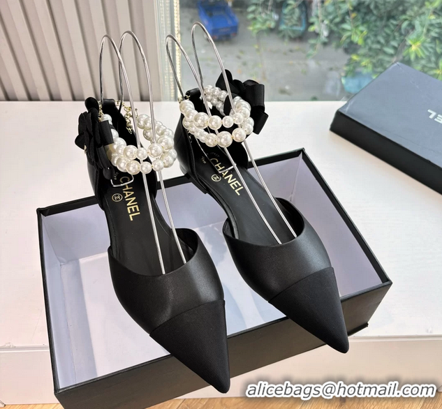 Best Product Chanel Camellia Flower Black Leather Dorsay Pearls Flat Shoes 6051307