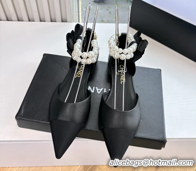 Best Product Chanel Camellia Flower Black Leather Dorsay Pearls Flat Shoes 6051307