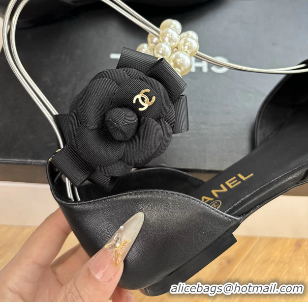 Best Product Chanel Camellia Flower Black Leather Dorsay Pearls Flat Shoes 6051307