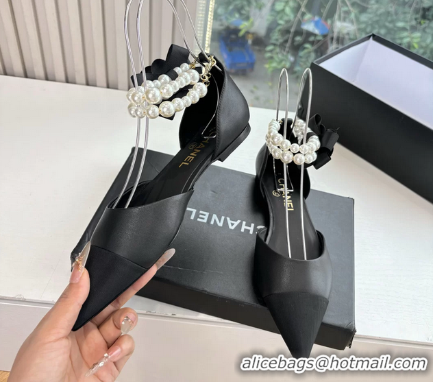 Best Product Chanel Camellia Flower Black Leather Dorsay Pearls Flat Shoes 6051307