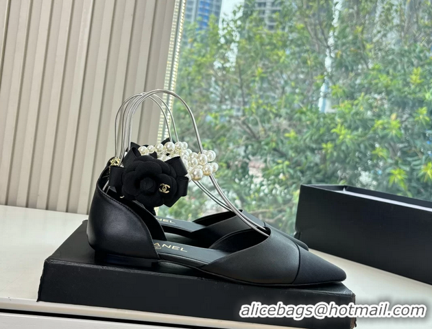 Best Product Chanel Camellia Flower Black Leather Dorsay Pearls Flat Shoes 6051307