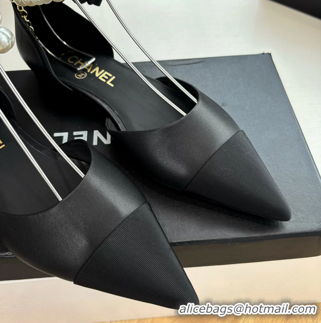 Best Product Chanel Camellia Flower Black Leather Dorsay Pearls Flat Shoes 6051307