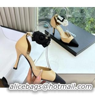 Low Price Chanel Camellia Flower Beige Leather Dorsay Pearls High Heeled Pumps Shoes 80MM 6051306