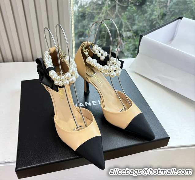 Low Price Chanel Camellia Flower Beige Leather Dorsay Pearls High Heeled Pumps Shoes 80MM 6051306