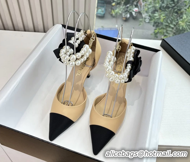 Low Price Chanel Camellia Flower Beige Leather Dorsay Pearls High Heeled Pumps Shoes 80MM 6051306