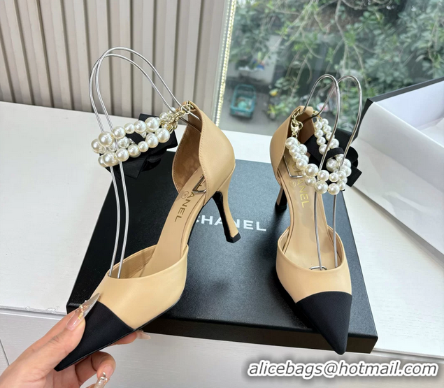Low Price Chanel Camellia Flower Beige Leather Dorsay Pearls High Heeled Pumps Shoes 80MM 6051306