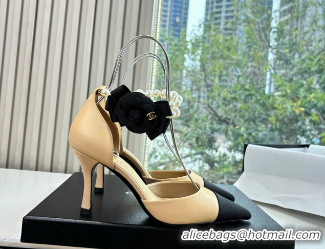 Low Price Chanel Camellia Flower Beige Leather Dorsay Pearls High Heeled Pumps Shoes 80MM 6051306