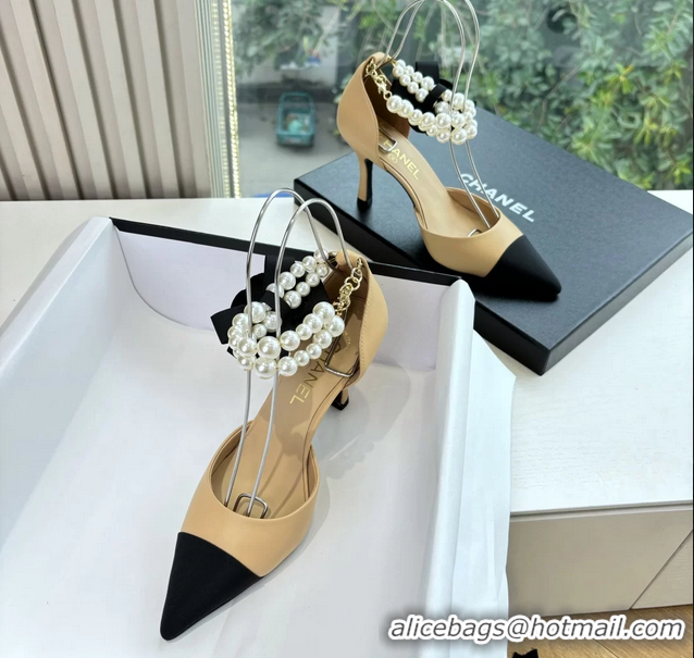 Low Price Chanel Camellia Flower Beige Leather Dorsay Pearls High Heeled Pumps Shoes 80MM 6051306