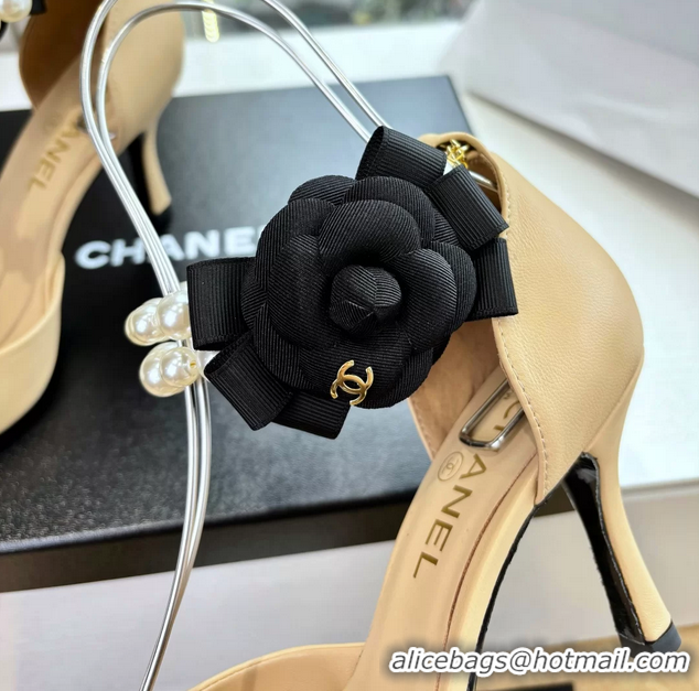 Low Price Chanel Camellia Flower Beige Leather Dorsay Pearls High Heeled Pumps Shoes 80MM 6051306