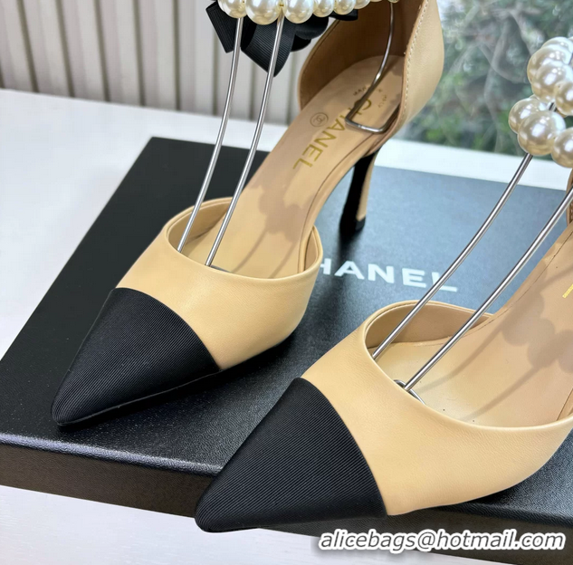 Low Price Chanel Camellia Flower Beige Leather Dorsay Pearls High Heeled Pumps Shoes 80MM 6051306