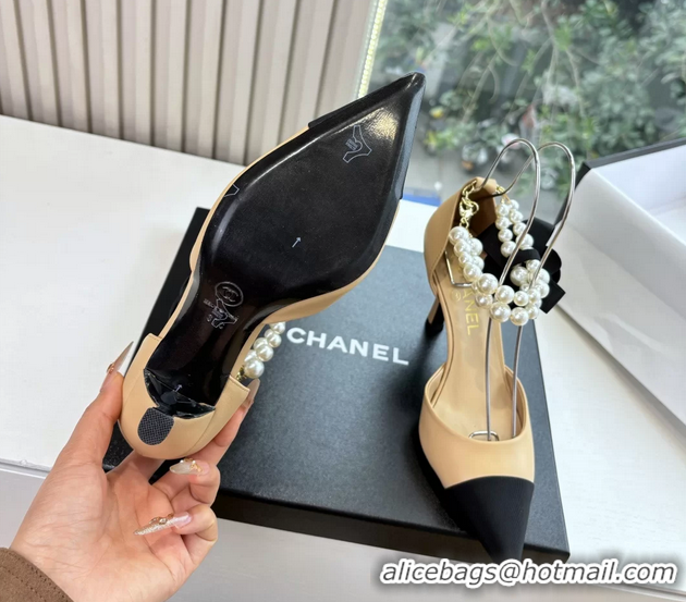 Low Price Chanel Camellia Flower Beige Leather Dorsay Pearls High Heeled Pumps Shoes 80MM 6051306