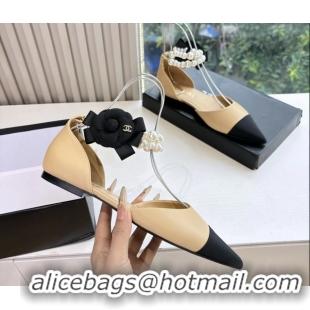 Shop Duplicate Chanel Camellia Flower Beige Leather Dorsay Pearls Flat Shoes 6051307