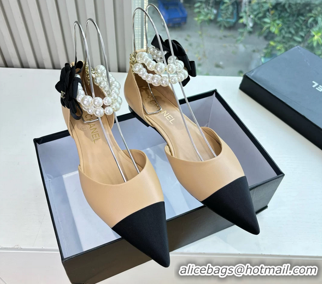 Shop Duplicate Chanel Camellia Flower Beige Leather Dorsay Pearls Flat Shoes 6051307