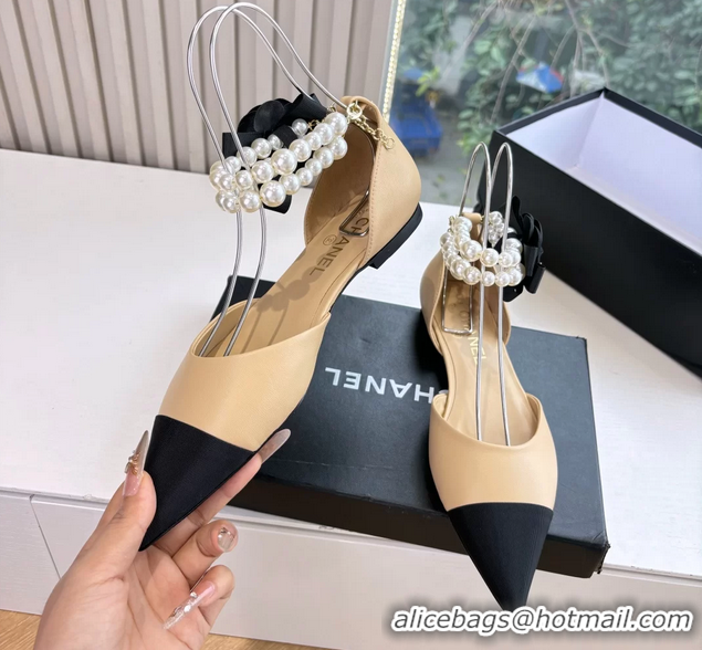Shop Duplicate Chanel Camellia Flower Beige Leather Dorsay Pearls Flat Shoes 6051307