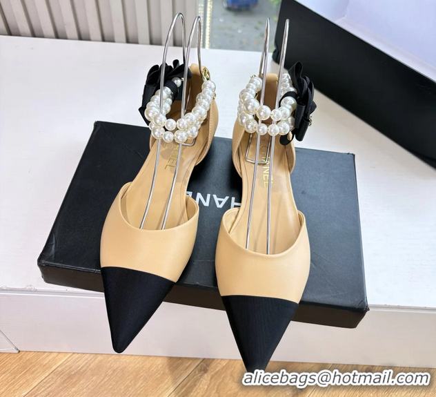 Shop Duplicate Chanel Camellia Flower Beige Leather Dorsay Pearls Flat Shoes 6051307