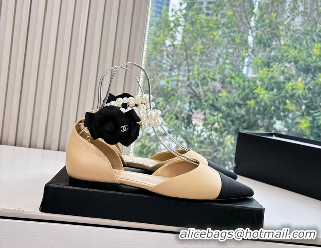 Shop Duplicate Chanel Camellia Flower Beige Leather Dorsay Pearls Flat Shoes 6051307