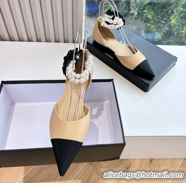 Shop Duplicate Chanel Camellia Flower Beige Leather Dorsay Pearls Flat Shoes 6051307
