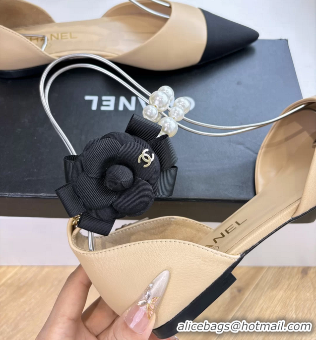 Shop Duplicate Chanel Camellia Flower Beige Leather Dorsay Pearls Flat Shoes 6051307
