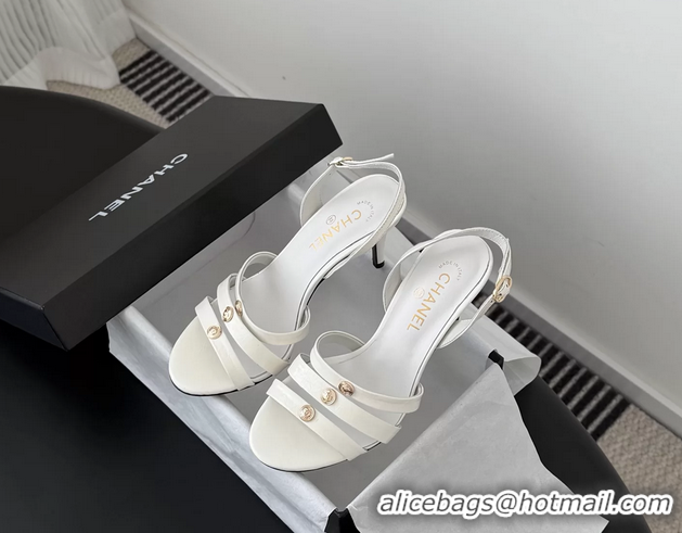 Buy Discount Chanel White Leather High Heeled Slingback Sandals Shoes 75MM 6051309
