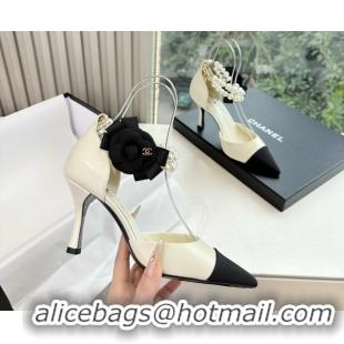 Grade Quality Chanel Camellia Flower White Leather Dorsay Pearls High Heeled Pumps Shoes 80MM 6051310