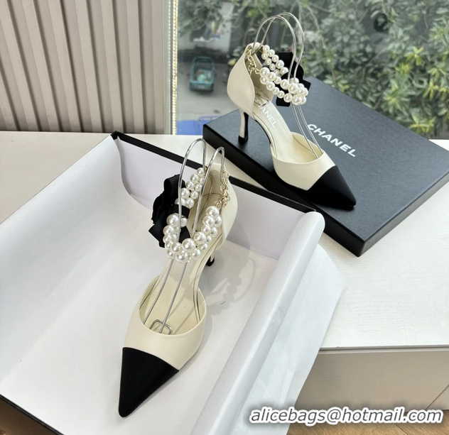Grade Quality Chanel Camellia Flower White Leather Dorsay Pearls High Heeled Pumps Shoes 80MM 6051310