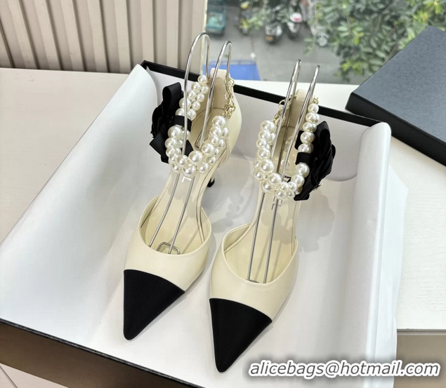 Grade Quality Chanel Camellia Flower White Leather Dorsay Pearls High Heeled Pumps Shoes 80MM 6051310