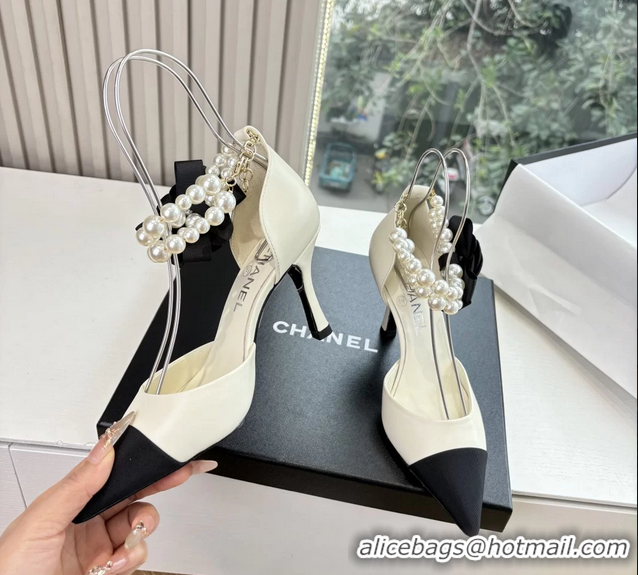 Grade Quality Chanel Camellia Flower White Leather Dorsay Pearls High Heeled Pumps Shoes 80MM 6051310