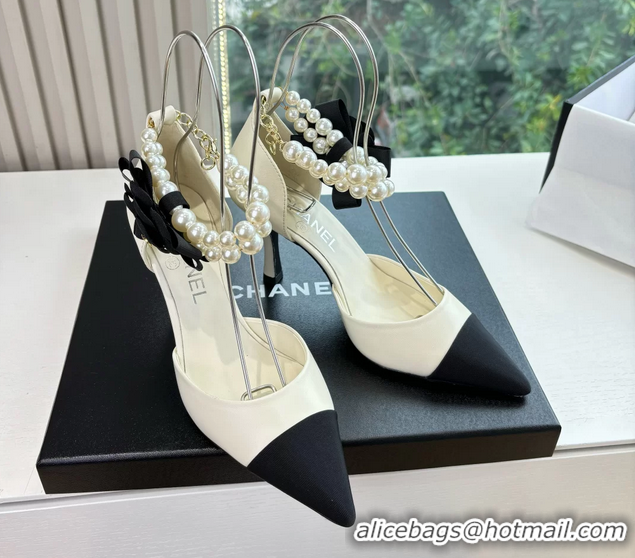 Grade Quality Chanel Camellia Flower White Leather Dorsay Pearls High Heeled Pumps Shoes 80MM 6051310